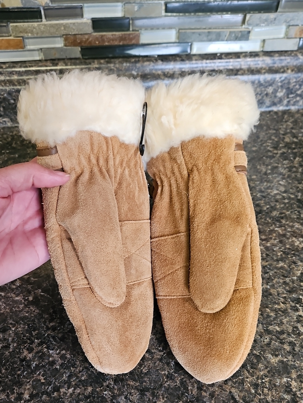 Genuine Leather Suede Fur Trim Mittens BNWT - Picture 4 of 10